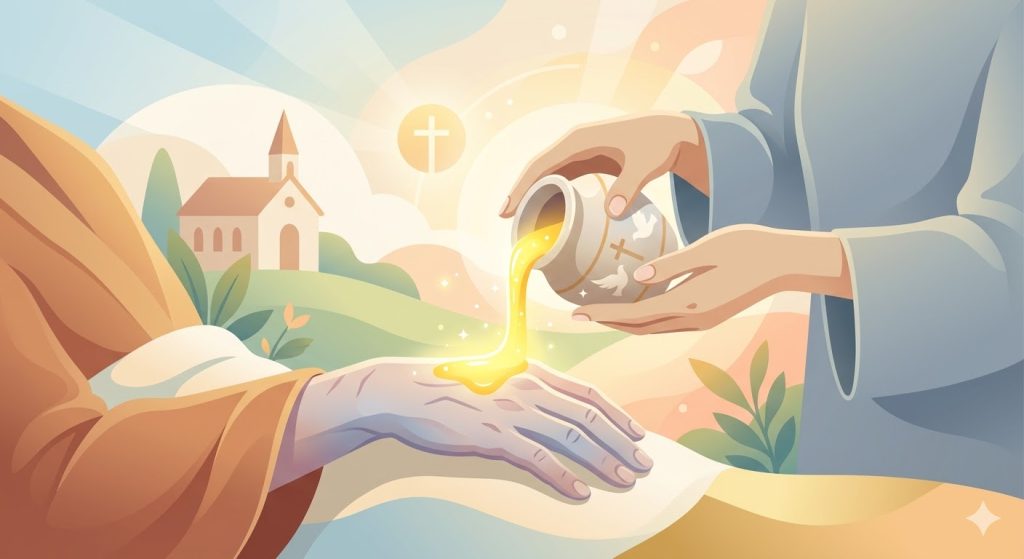 Oración por los Enfermos y Sufrientes - manos derramando un bálsamo luminoso sobre otra mano cansada